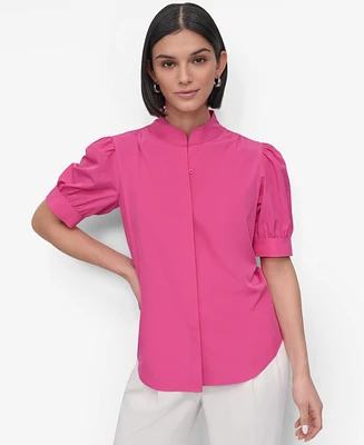 Dkny Petite Mandarin-Collar Puff-Shoulder Shirt