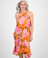 Robbie Bee Petite Tiered Floral-Print Halter Midi Dress