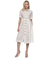 Dkny Women's Elbow-Sleeve Belted Midi Shirtdress