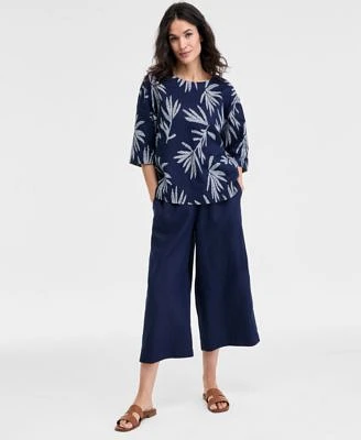 Charter Club Womens Cropped Wide Leg 100 Linen Pants Boatneck Palm Top Exclusively At Macys