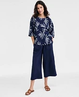 Charter Club Womens Cropped Wide Leg 100 Linen Pants Boatneck Palm Top Exclusively At Macys