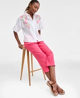 Charter Club Womens Embroidered Linen Shirt Solid Cropped Pull On Pants Exclusively At Macys