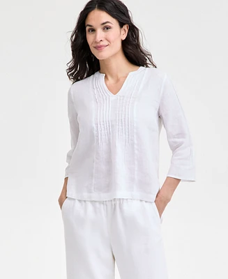 Charter Club Women's 100% Linen Pintuck-Trim Top, Exclusively at Macy's