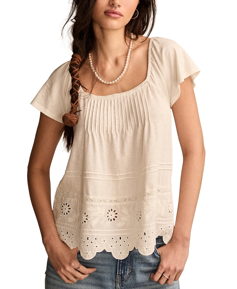 Lucky Brand Women's Square-Neck Pintuck Flutter-Sleeve Top