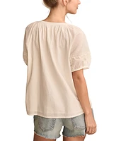 Lucky Brand Women's Cotton Lace Inset Short-Sleeve Peasant Blouse