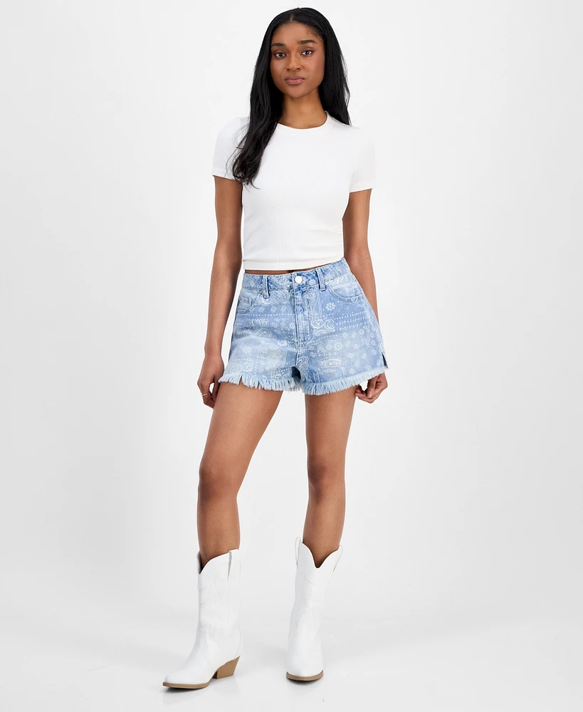 Indigo Rein Juniors' Paisley-Print Festival Denim Shorts