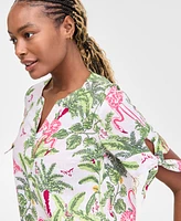 Charter Club Women's 100% Linen Tied-Sleeve Palm Shirt, Exclusively at Macy's