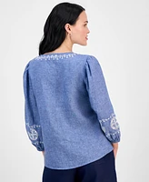 Charter Club Petite Delave Embroidered Linen Blouse, Exclusively at Macy's