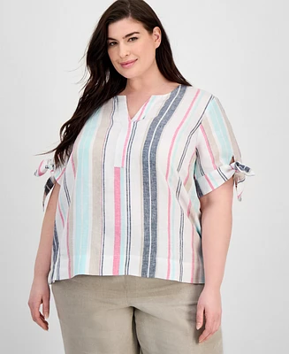 Charter Club Plus Linen Striped Tie-Sleeve Blouse, Exclusively at Macy's