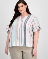 Charter Club Plus Linen Striped Tie-Sleeve Blouse, Exclusively at Macy's