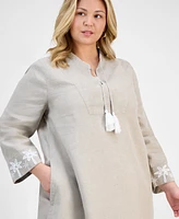 Charter Club Plus Tassel-Tie Linen Long-Sleeve Dress, Exclusively at Macy's