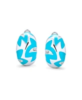 Bling Jewelry Geometric Blue Enamel Zig Zag Half Hoop Clip On Earrings Silver Plated Brass
