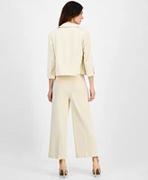 Anne Klein Womens Ruched Cowlneck Blouse High Rise Pull On Pants 3 4 Sleeve Open Front Blazer
