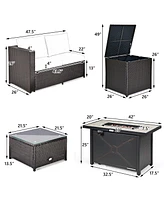 Gymax 5PCS Patio Rattan Furniture Set Fire Pit Table w/ Cover Storage Cushion