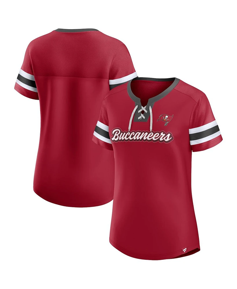 Fanatics Women's Red Tampa Bay Buccaneers True Catch Iconic Rhinestone Bling Athena Lace-Up T-Shirt