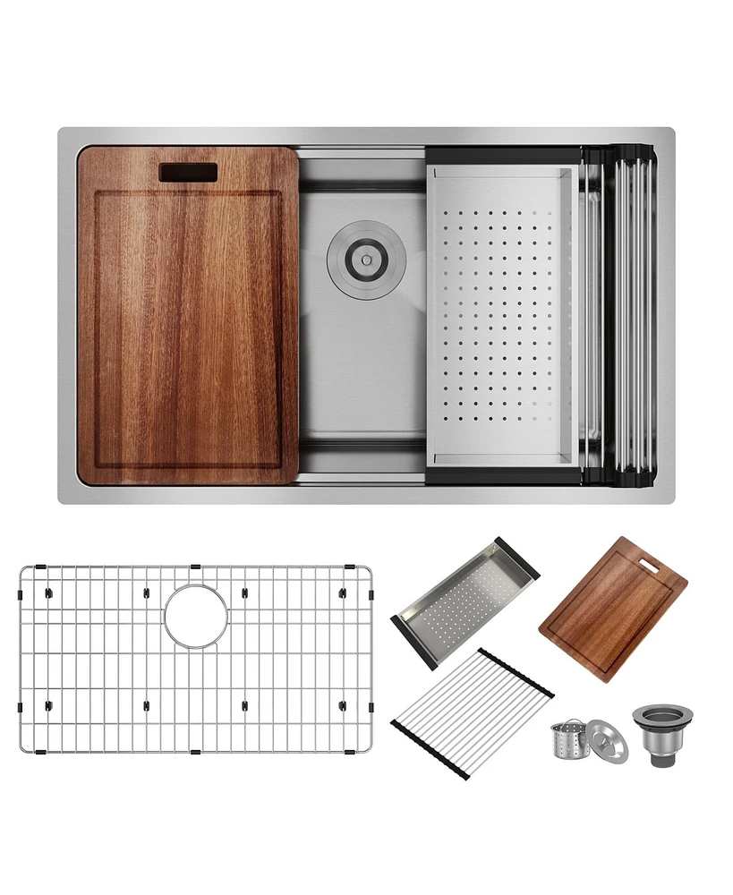 31-Inch Stainless Steel Kitchen Sink Workstation Single Grooves Under The Table With Cutting Board, Roller Blind, Drain Basket, Drain Grid And Drainer