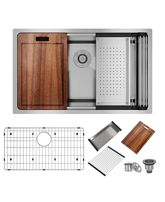 31-Inch Stainless Steel Kitchen Sink Workstation Single Grooves Under The Table With Cutting Board, Roller Blind, Drain Basket, Drain Grid And Drainer