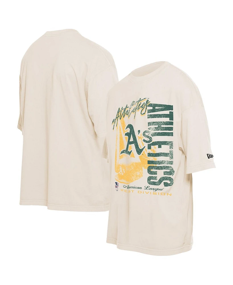 New Era Men's Cream Athletics Cooperstown Collection Oversized Throwback Distressed T-Shirt