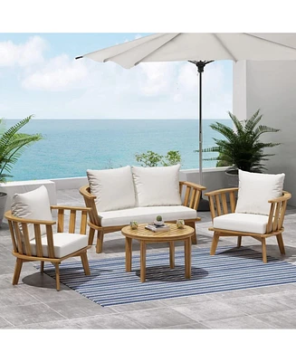 Acacia Patio Set, Table, Cushioned Seating, Teak Finish, White