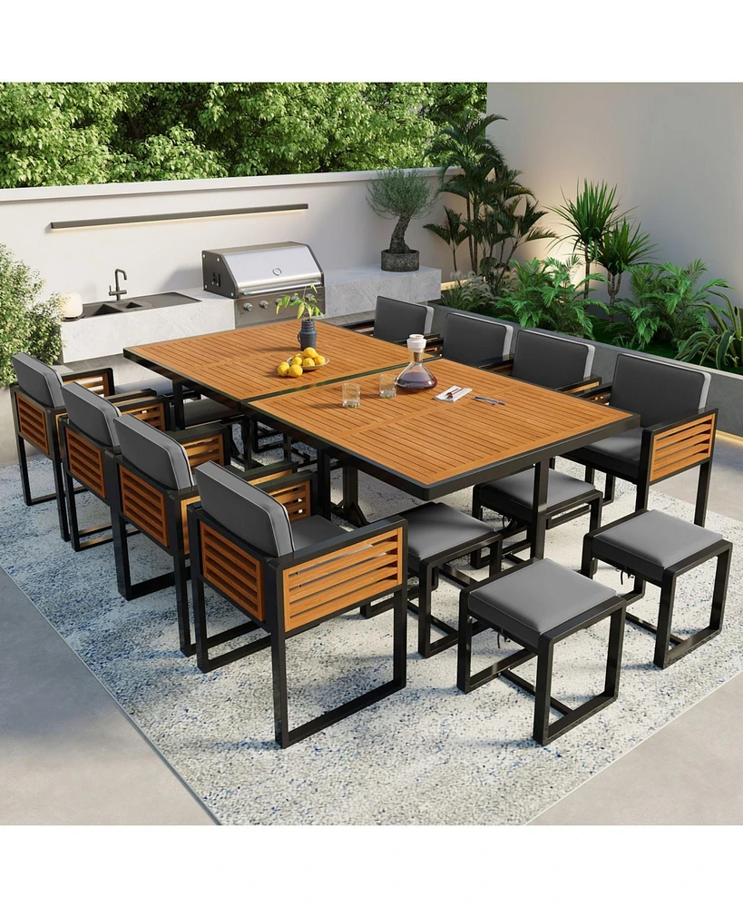 18-pc Acacia Patio Dining Set, 8 Chairs, 8 Ottomans, 2 Tables, Cushioned, Gray