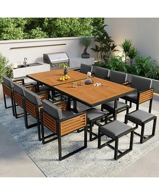 18-pc Acacia Patio Dining Set, 8 Chairs, 8 Ottomans, 2 Tables, Cushioned, Gray