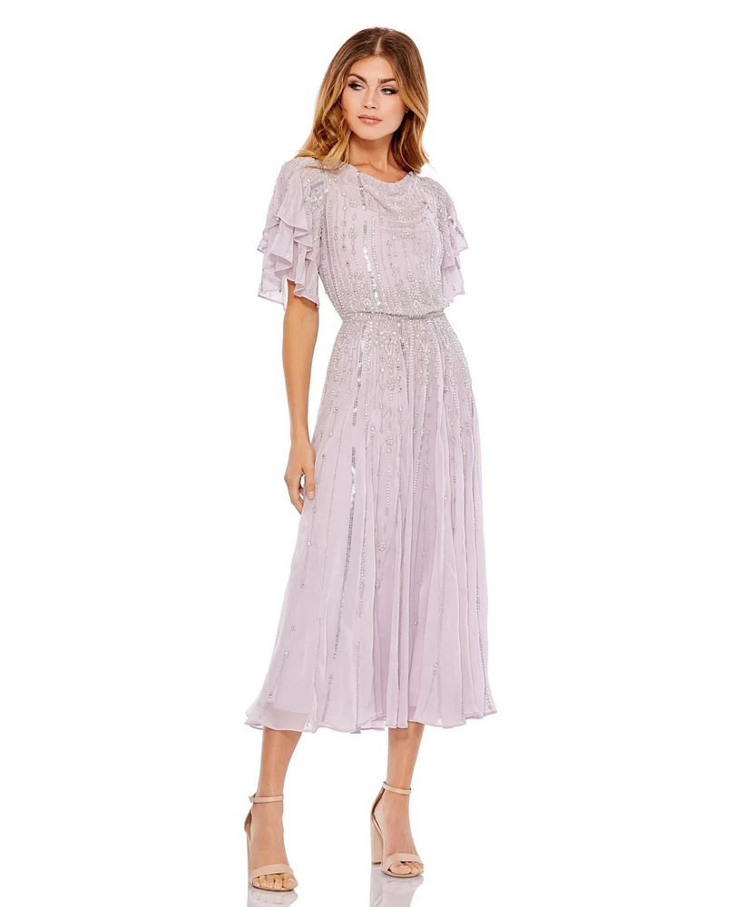 Mac Duggal Women's High Neck Sequined Flutter Sleeve Midi Dress