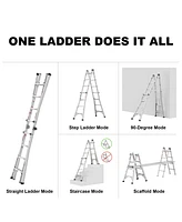 17ft Multi-Position Foldable Aluminum Ladder, A-Frame and Straight Ladder, Ansi 250lbs