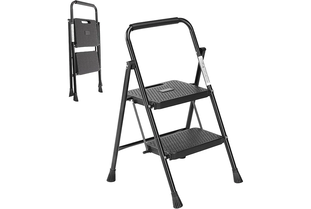 Lightweight Step Stool, 2-Step Steel Portable Folding Step Ladder with Wide Anti-Slip Pedals, 800 lbs. Load
