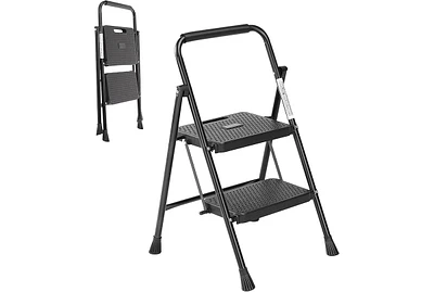Lightweight Step Stool, 2-Step Steel Portable Folding Step Ladder with Wide Anti-Slip Pedals, 800 lbs. Load