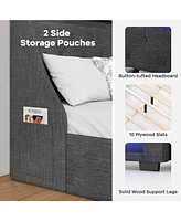 Full Size Bed Frame with Led Lights Wingback Headboard and Charging Station