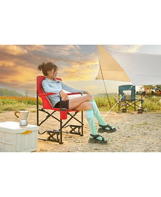 Red portable folding rocker camping chair with drink holder