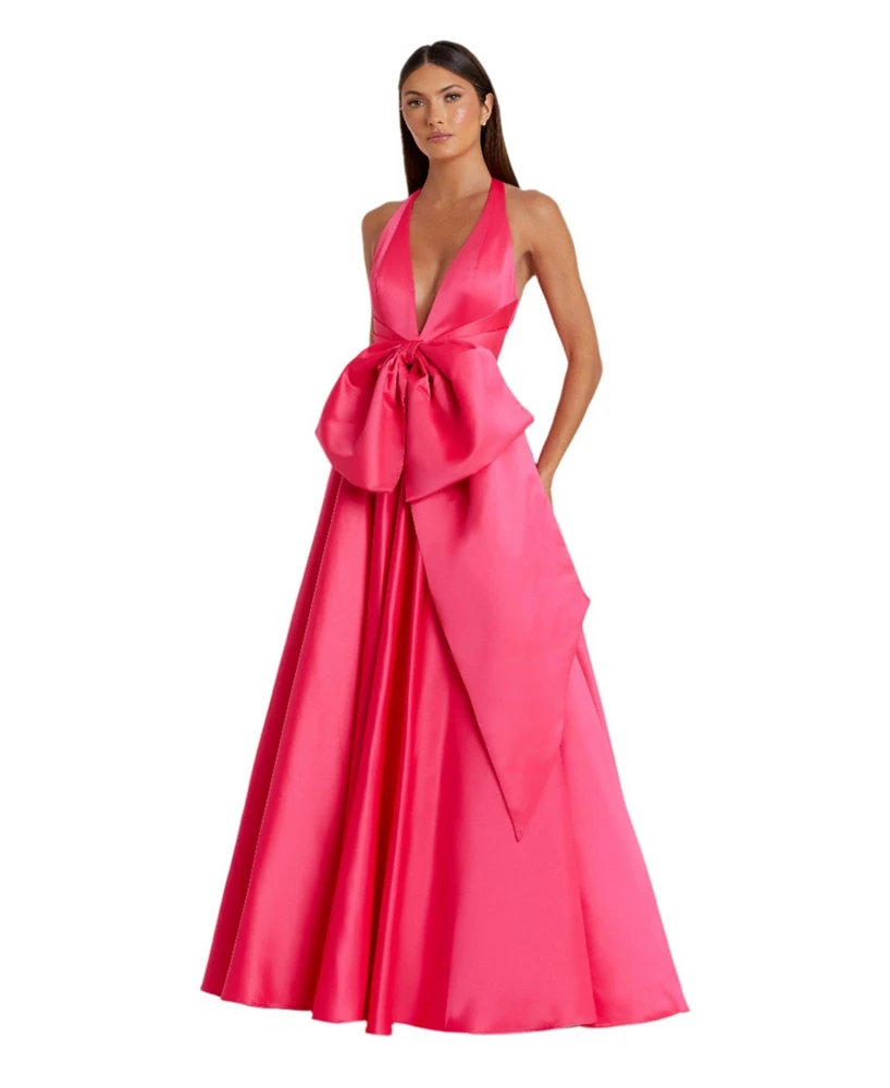 Mac Duggal Women's Sleeveless Deep V Satin Gown With Oversized Bow