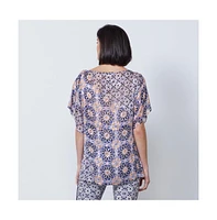 Etcetera Women's Tile Print Silk Blend Kimono Blouse Grenadines