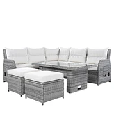 Patio Rattan Furniture Set, Adjustable Table, Recliners, Ottomans, Beige