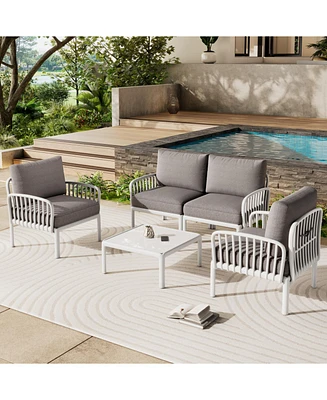 5-Piece Patio Set, Modern outdoor sectional with coffee table, cushions, white & gray