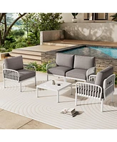 5-Piece Patio Set, Modern outdoor sectional with coffee table, cushions, white & gray