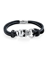 Bling Jewelry Biker Jewelry Hip Hop Goth Punk Rock Skull Heads Black Leather Studded Rivet Stainless Steel Multi Strand Skull Heads Cuff Bracelet
