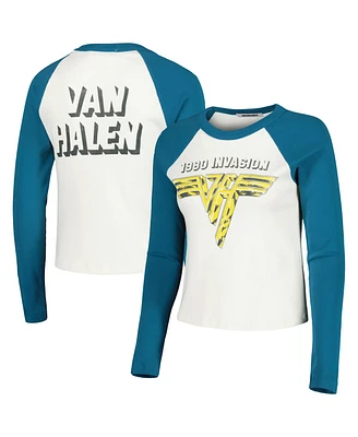 Daydreamer Women's Cream/Teal Van Halen 1980 World Invasion Tour Shrunken Raglan Long Sleeve Crop Top T-Shirt