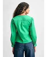 Isaac Mizrahi Women's Long Sleeve V-Neck Button Down Blouse