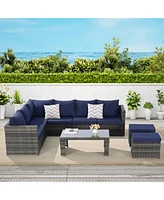 6pc Outdoor Patio Set, Wicker Sofa, Glass Table, Cushions & Pillows