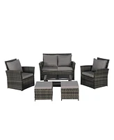 6 Piece Wicker Patio Furniture Sets with Ottoman & Tempered Glass Coffee Table