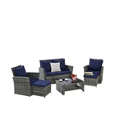 6 Piece Wicker Patio Furniture Sets with Ottoman & Tempered Glass Coffee Table