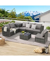 6-Piece Woven Patio Set, L-Shaped Sectional, Corner & Glass Tables