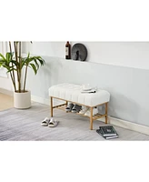 Embroidered Fabric Upholstered Shoe Bench with Shelf and Metal Legs
