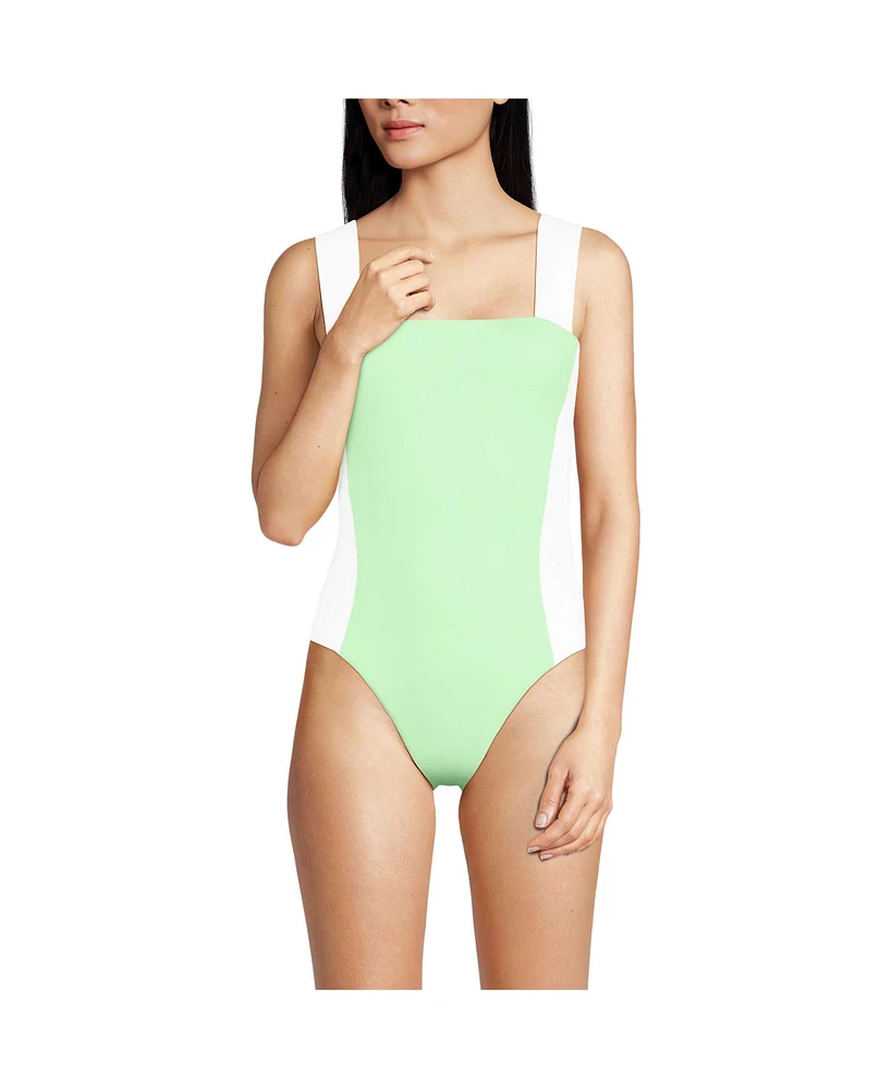 Lands' End Women's Long Torso Square Neck High Leg One Piece Swimsuit