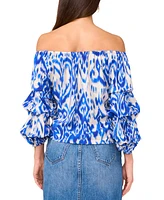 Vince Camuto Women's Ikat-Print Off-The-Shoulder Bubble 3/4-Sleeve Tie-Front Blouse