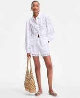 I.n.c. International Concepts Women's Cotton Eyelet Blouson-Sleeve Blouse, Exclusively at Macy's