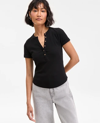 On 34th Women's Roll Cuff Rib-Knit Henley T-Shirt, Exclusively at Macy's