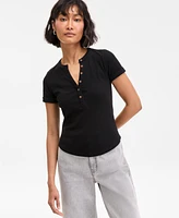 On 34th Women's Roll Cuff Rib-Knit Henley T-Shirt, Exclusively at Macy's