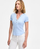 On 34th Women's Roll Cuff Rib-Knit Henley T-Shirt, Exclusively at Macy's